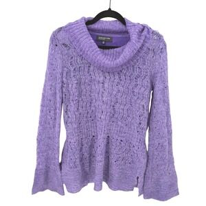 Jones New York Lavender Purple Mohair Blend Cowl Neck Peplum Open Knit Sweater M